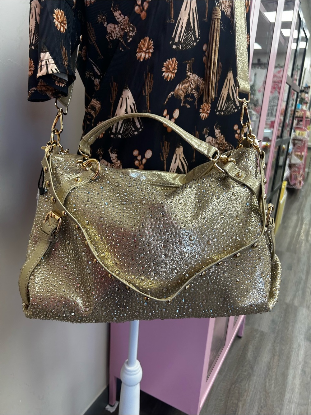 Gold Studded Shoulder Bag - Elegant Metallic Tote